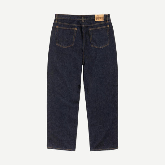 Stussy Big Ol Jean Denim in rinsed indigo with classic fit, visible stitching, and five-pocket design.
