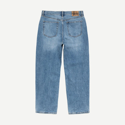 Stussy Big Ol Jean Denim in Indigo Stone Wash, showing the full-length denim jeans with classic fade and relaxed fit.
