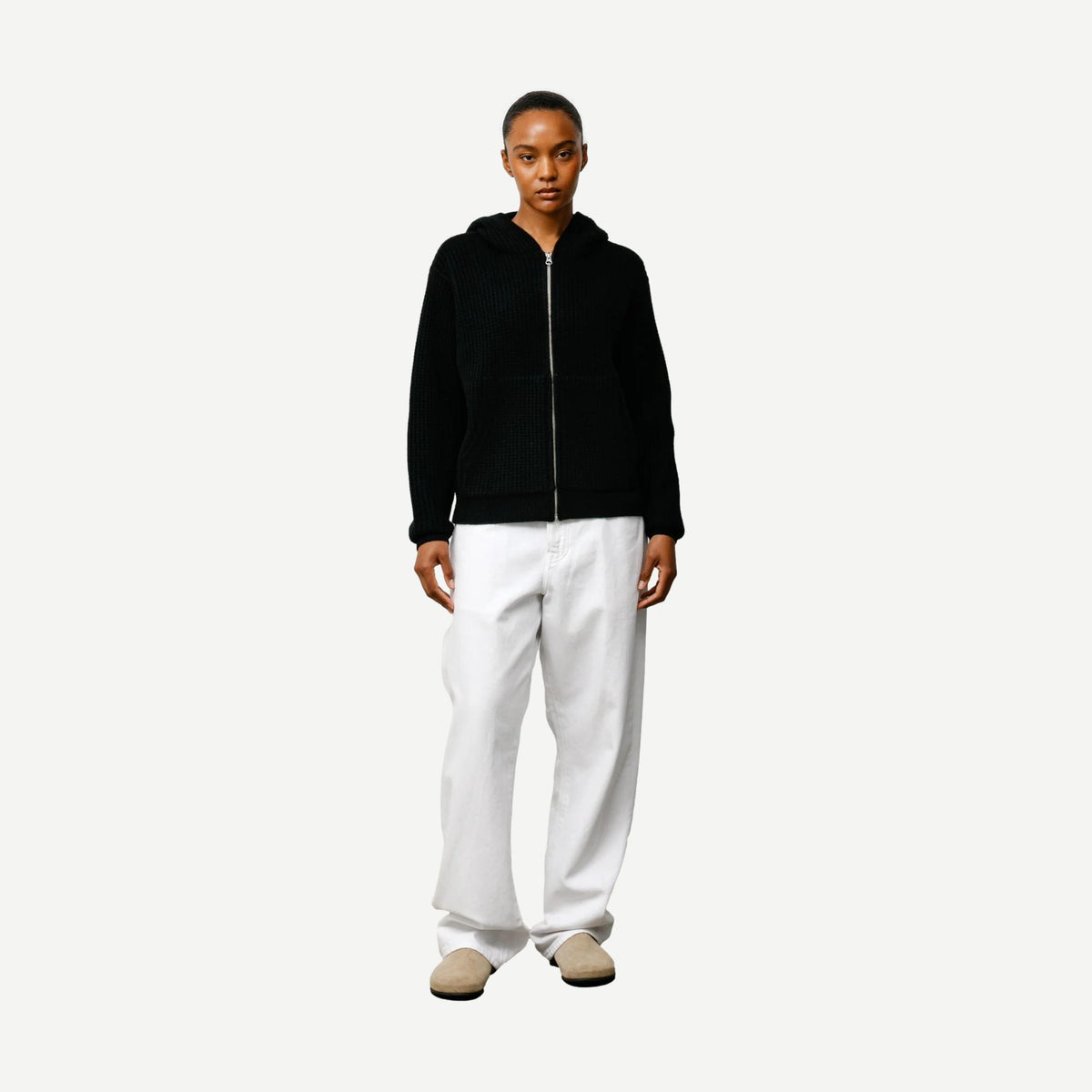 Waffle Cashmere Zip Hood Sweater - Black - Galvanic.co