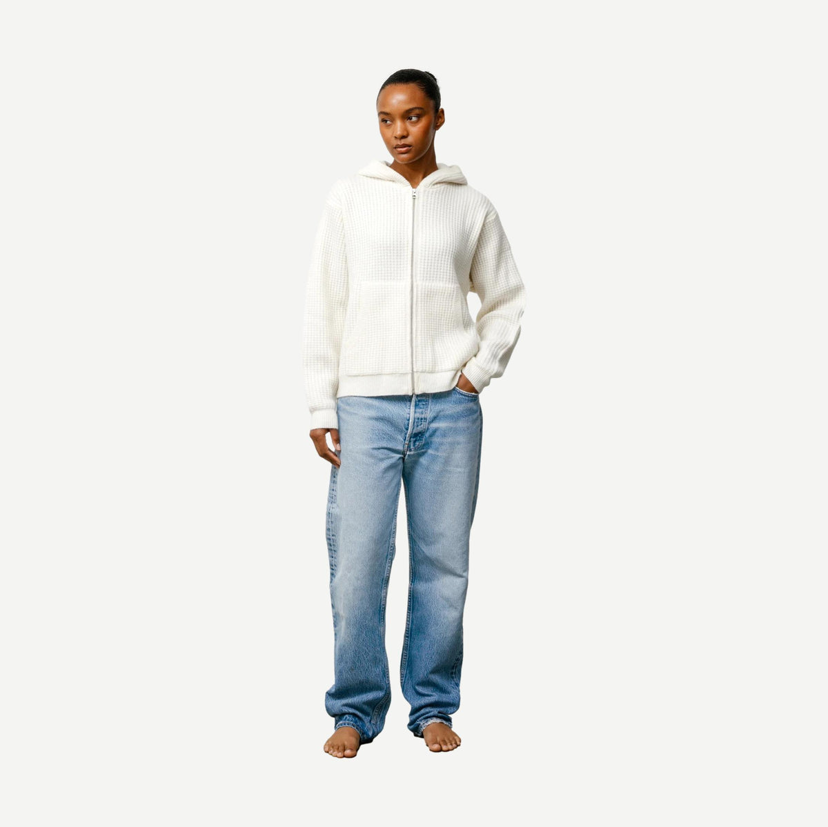 Waffle Cashmere Zip Hood Sweater - Ivory - Galvanic.co