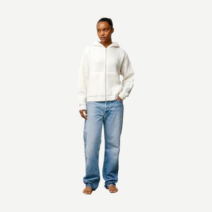Waffle Cashmere Zip Hood Sweater - Ivory - Galvanic.co