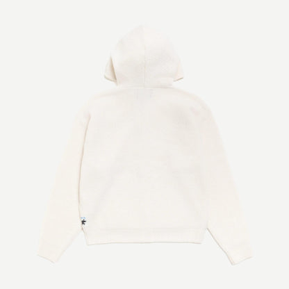 Stussy textured zip hooded sweater in bone color, featuring a hood, front zipper, and cozy knit design.