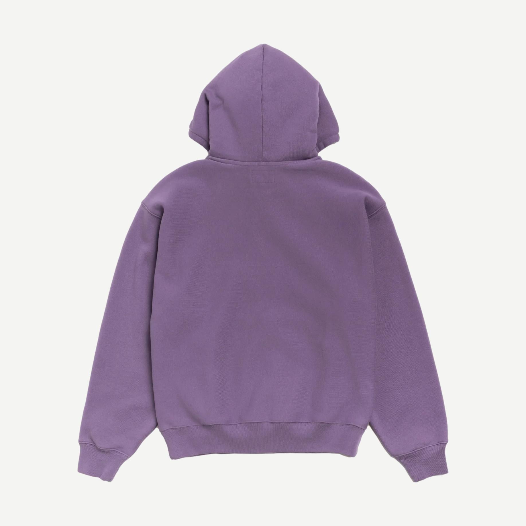 Purple Stussy sweatshirt featuring a gear applique hood and casual, comfortable fit, designed for stylish streetwear.