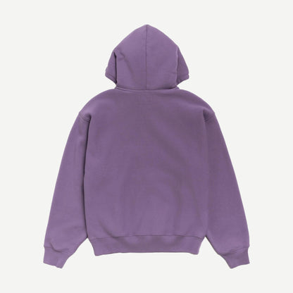 Purple Stussy sweatshirt featuring a gear applique hood and casual, comfortable fit, designed for stylish streetwear.