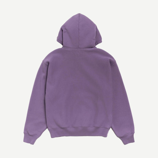 Purple Stussy sweatshirt featuring a gear applique design, shown with the hood up and front view.