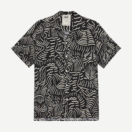 OAS Tar Lorenzo SS button-up shirt in black and white with Viscose fabric, featuring a classic collar and button front design.