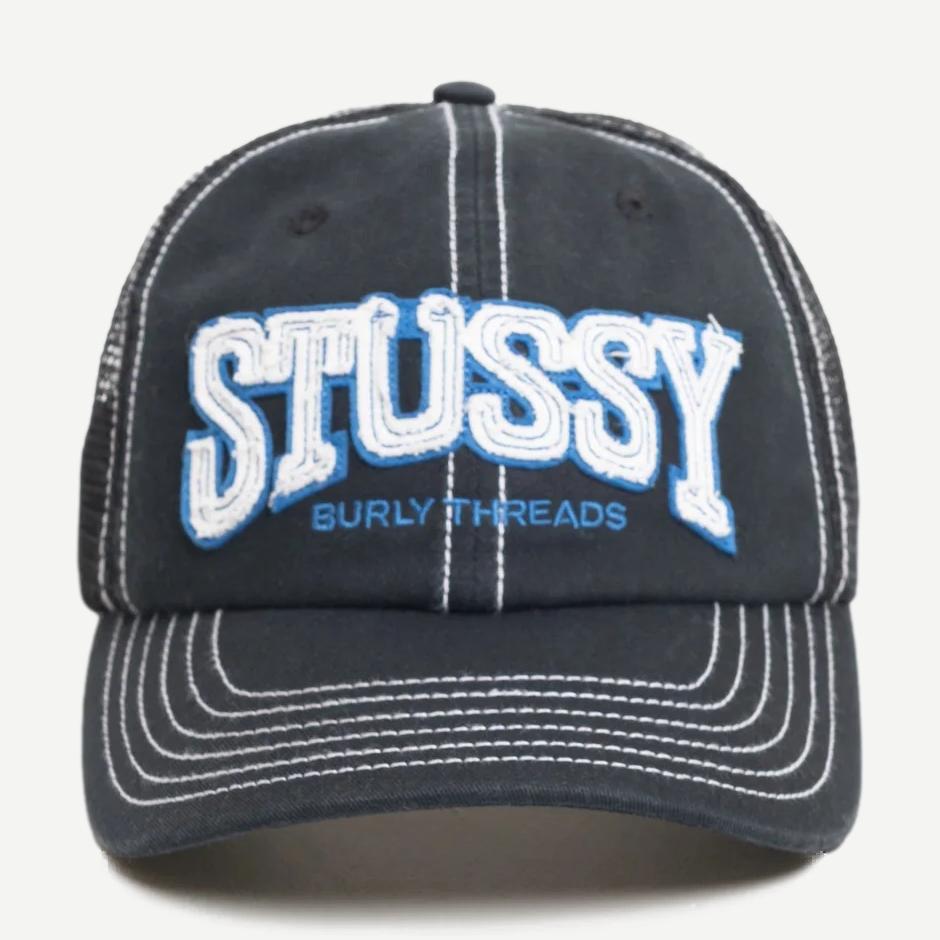 Stussy MD Burley Threads Trucker hat in black with mesh back and curved brim, stylish and casual headwear.