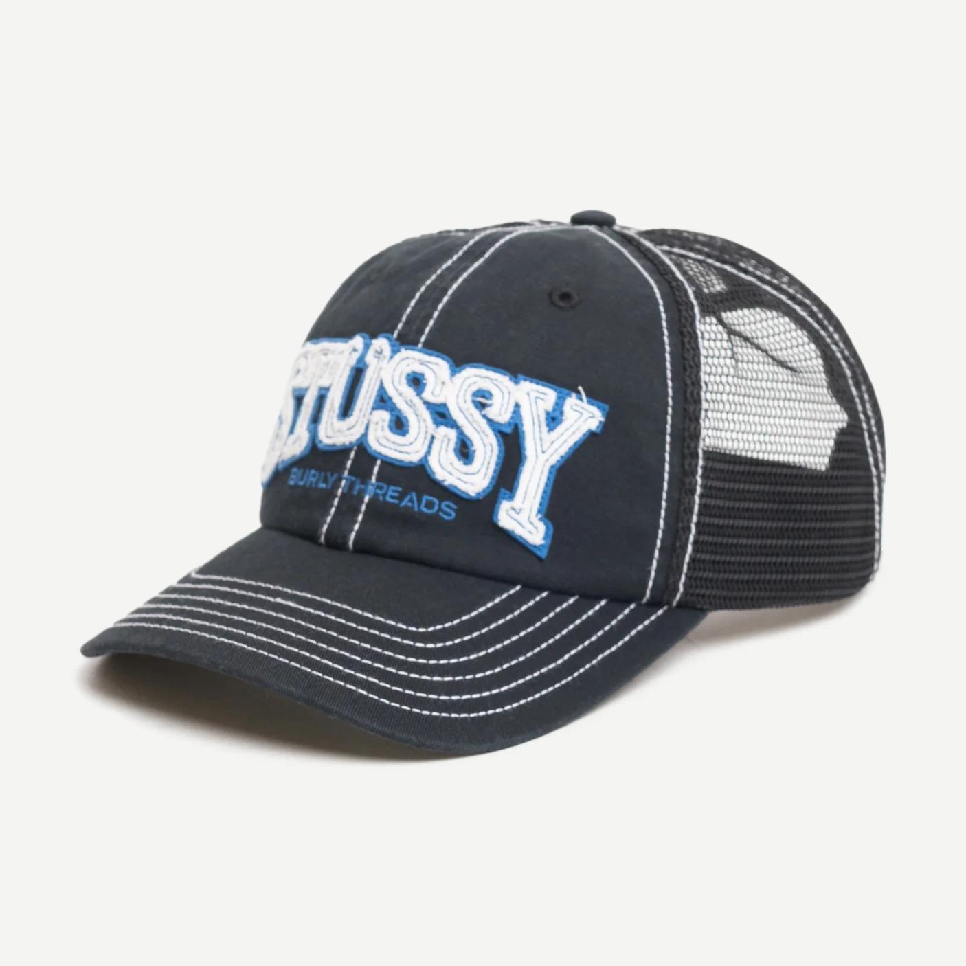 Stussy MD Burley Threads Trucker Hat in black with mesh back and curved brim, stylish and casual headwear for everyday wear.
