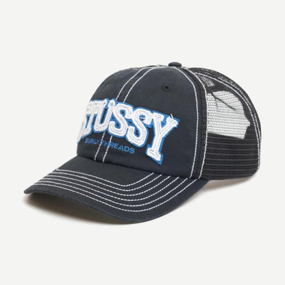 Stussy MD Burley Threads Trucker Hat in black with mesh back and curved brim, stylish and casual headwear for everyday wear.