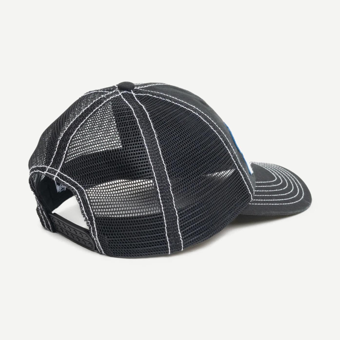 Stussy MD Burley Threads Trucker hat in black with mesh back and curved brim, casual headwear for men.