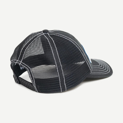 Stussy MD Burley Threads Trucker hat in black with mesh back and curved brim, casual headwear for men.