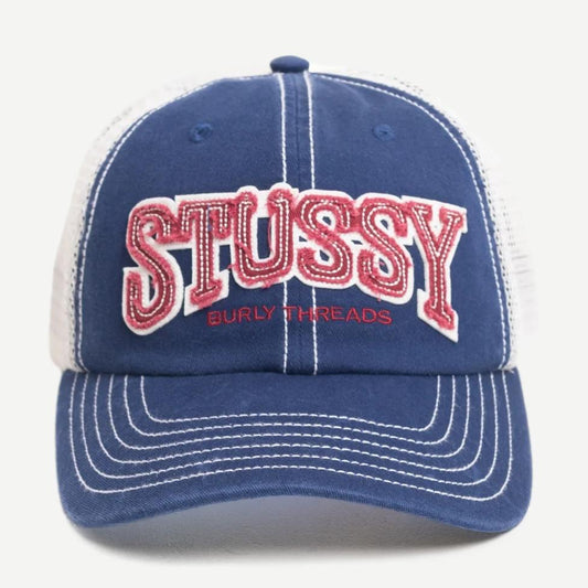 Stussy MD Burley Threads Navy trucker hat with mesh back and curved brim, casual headwear for outdoor wear.