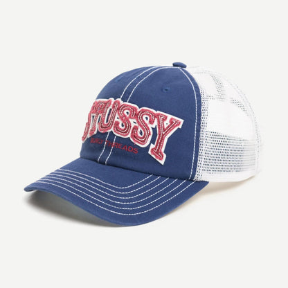 Stussy MD Burley Threads Trucker hat in navy with mesh back and curved brim, stylish and casual headwear.