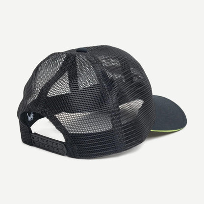 Stussy MD Moto S Trucker hat in black with mesh back and adjustable strap, stylish men's baseball cap on a plain background.