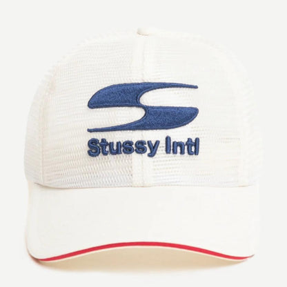 Stussy MD Moto S Trucker hat in bone color, featuring a curved brim and mesh back for breathability.