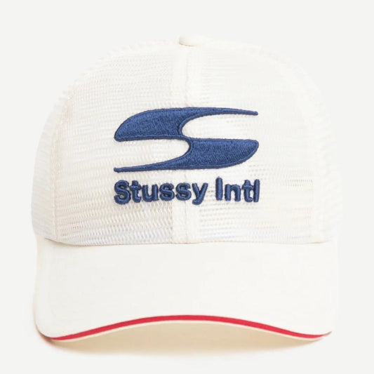 Stussy MD Moto S Trucker hat in bone color, featuring a curved brim and mesh back for breathability.