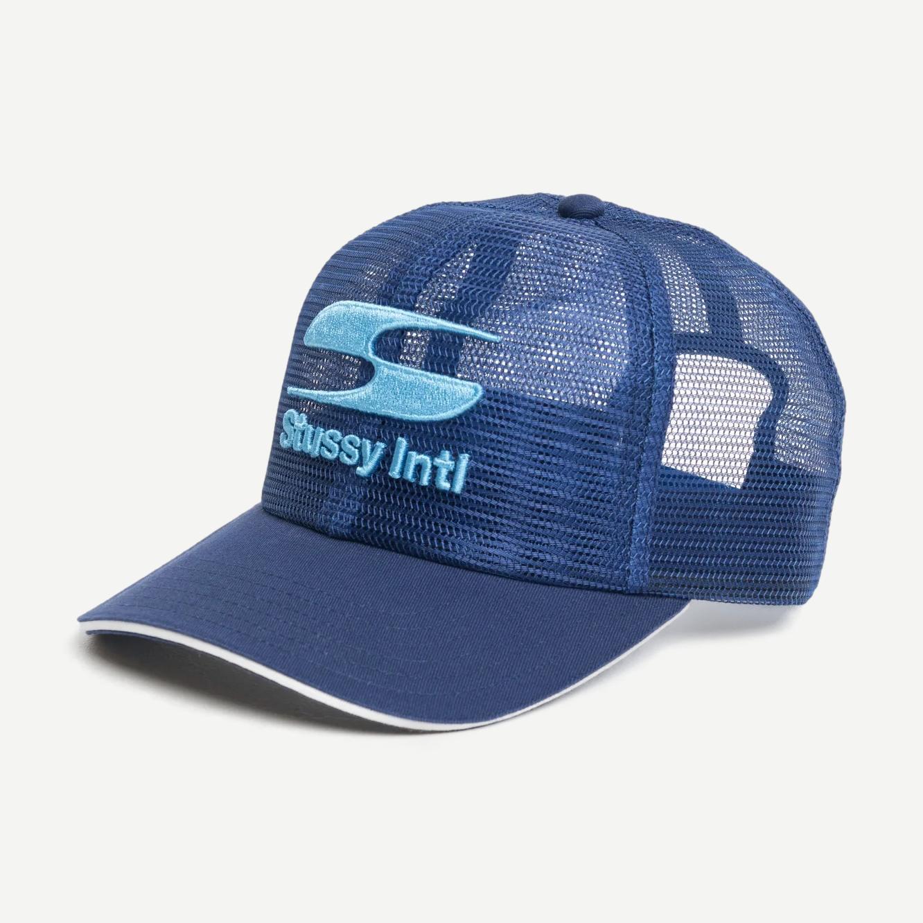 Stussy MD Moto S Trucker hat in navy with mesh back and adjustable strap, stylish and casual headwear.