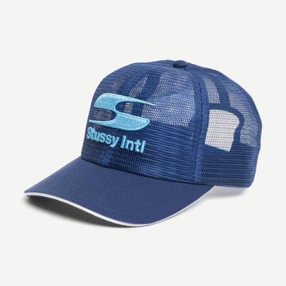 Stussy MD Moto S Trucker hat in navy with mesh back and adjustable strap, stylish and casual headwear.