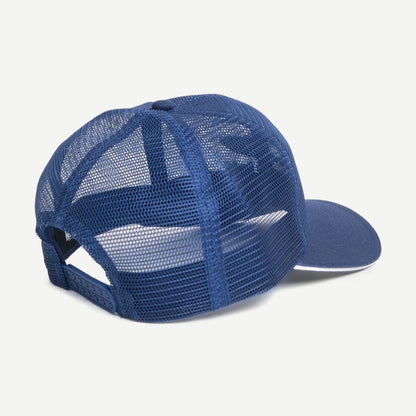Stussy MD Moto S Trucker hat in navy with mesh back and curved brim, casual streetwear accessory.