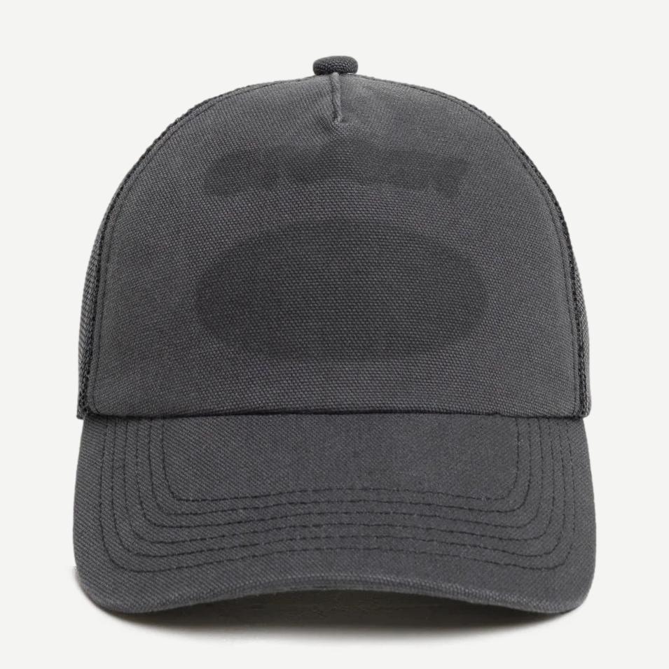 Stussy HP Ghost Logo Trucker Hat in black with adjustable snapback and embroidered ghost logo on front, casual streetwear style.