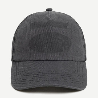 Stussy HP Ghost Logo Trucker Hat in black with adjustable snapback and embroidered ghost logo on front, casual streetwear style.