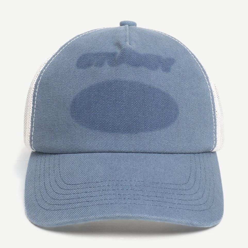 Blue Stussy HP Ghost Logo Trucker Hat with adjustable snapback and embroidered graphic front.