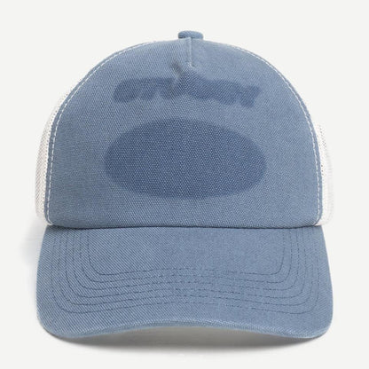 Blue Stussy HP Ghost Logo Trucker Hat with adjustable snapback and embroidered graphic front.