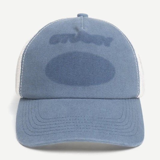 Blue Stussy HP Ghost Logo Trucker Hat with adjustable snapback and embroidered graphic front.