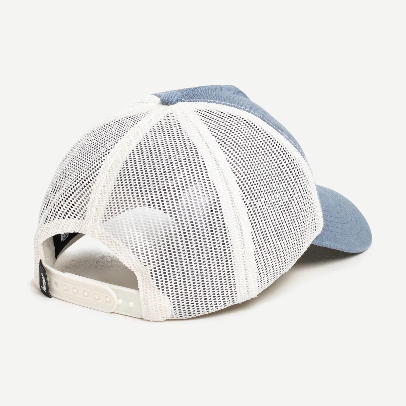 Blue HP Ghost Logo Stussy trucker hat with mesh back and adjustable strap, featuring a prominent front logo design.