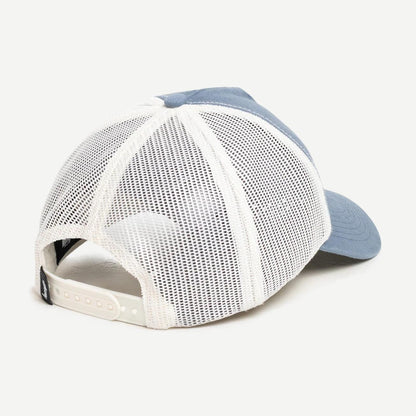 Blue HP Ghost Logo Stussy trucker hat with mesh back and adjustable strap, featuring a prominent front logo design.