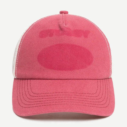 Stussy HP Ghost Logo Trucker hat in red with adjustable snapback, featuring a bold ghost logo on front and mesh back for breathability.