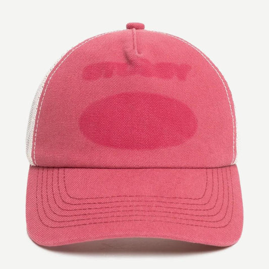 Stussy HP Ghost Logo Trucker hat in red with adjustable snapback, featuring a bold ghost logo on front and mesh back for breathability.