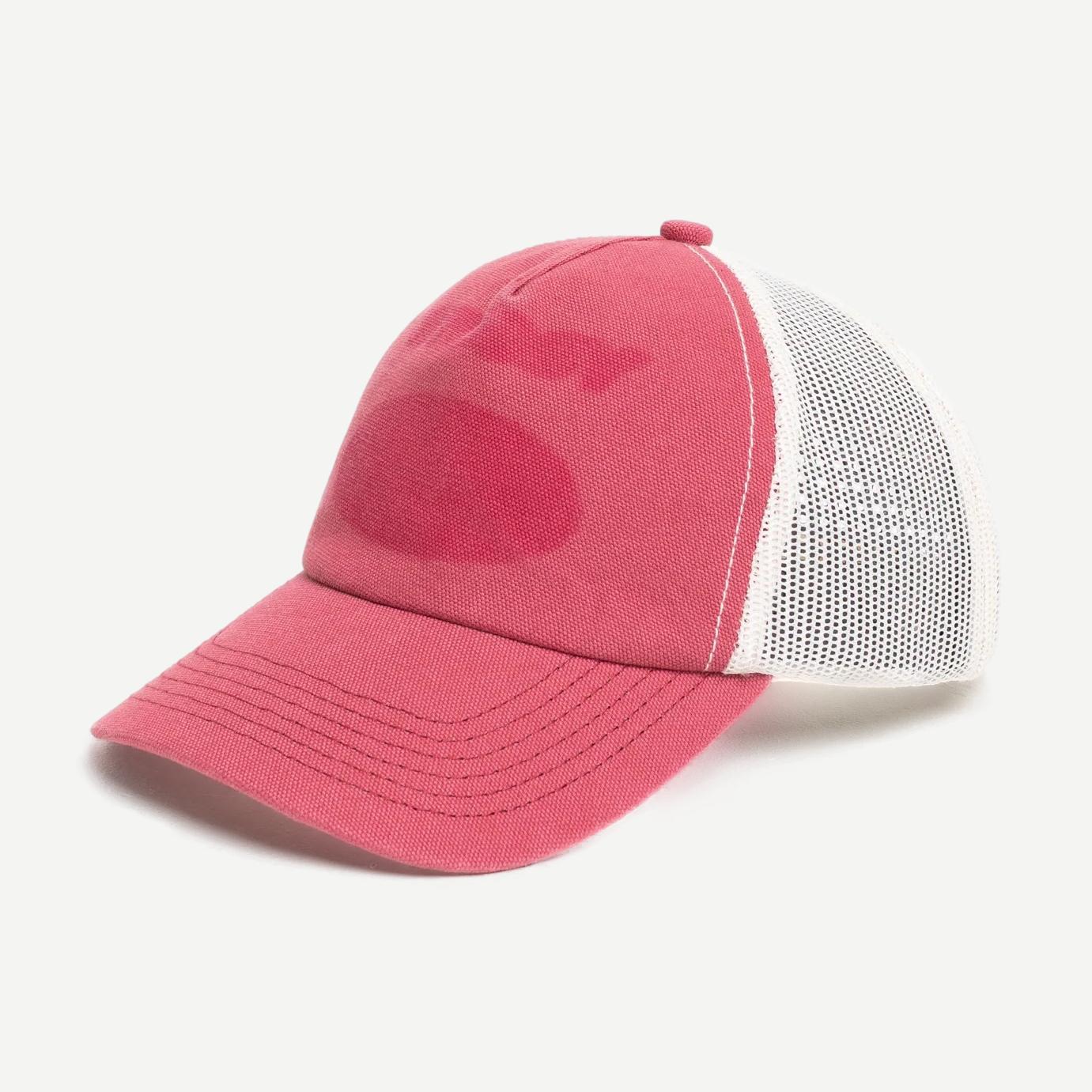 Red Stussy HP Ghost Logo Trucker Hat featuring a bold graphic design and classic trucker cap style.