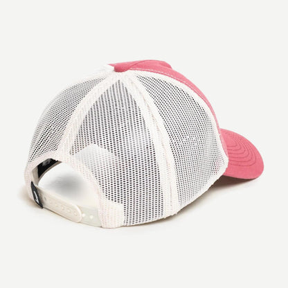 Red Stussy HP Ghost Logo Trucker Hat with adjustable snapback and embroidered design on front.