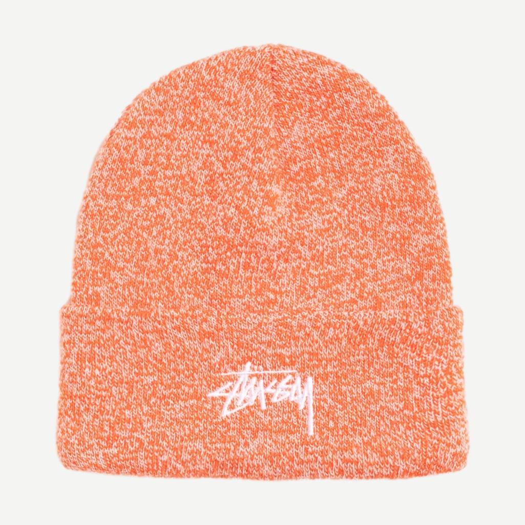 Stussy Stock Cuff beanie in marled red knit, featuring a snug fit and textured pattern for warm, casual winter style.