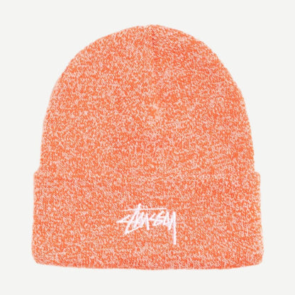 Stussy Stock Cuff beanie in marled red knit, featuring a snug fit and textured pattern for warm, casual winter style.
