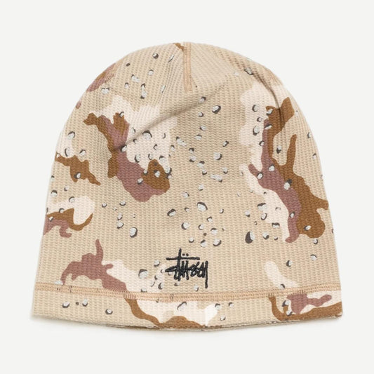 Stussy Skullcap Waffle Beanie in desert camo with a textured waffle knit pattern, designed for casual wear and warmth.
