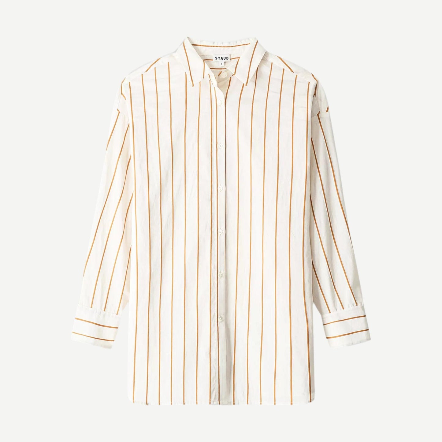 Staud Kendy Top in Solana Stripe, stylish shirt with vibrant striped pattern, lightweight fabric, and classic collar.