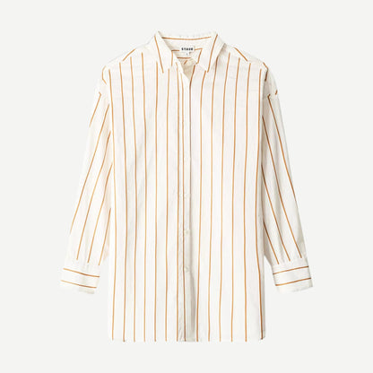 Staud Kendy Top in Solana Stripe, stylish shirt with vibrant striped pattern, lightweight fabric, and classic collar.