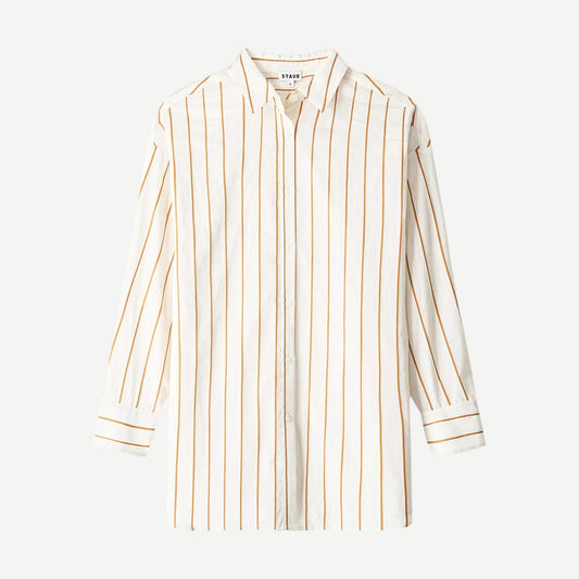 Staud Kendy Top in Solana Stripe, stylish shirt with vibrant striped pattern, lightweight fabric, and classic collar.