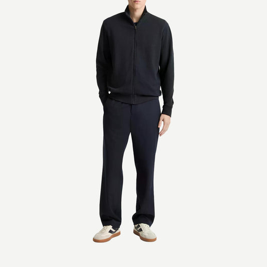Vince flat back pique full zip jacket in coastal blue med heather grey, casual outerwear with a full front zipper and textured fabric.