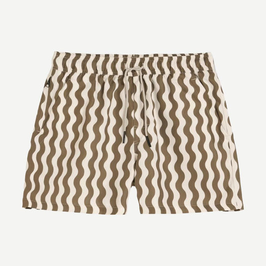 Beige Fine Waver Swim Shorts by OAS, stylish swimwear with a comfortable fit, shown on a model.