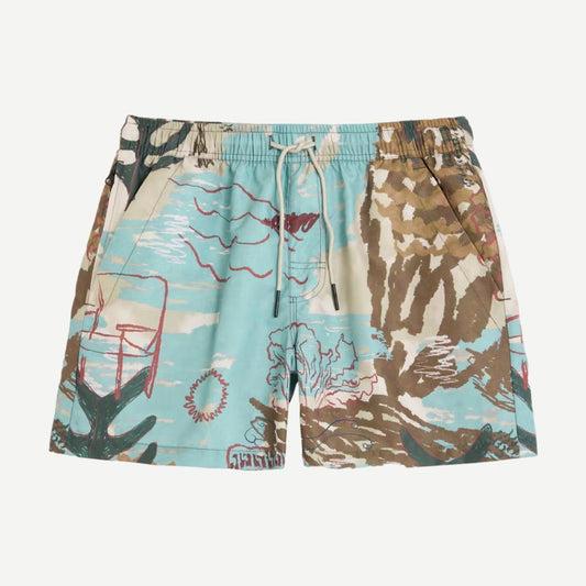 OAS Montara swim shorts in multi-color pattern, lightweight swimwear with drawstring waist, suitable for beach and pool activities