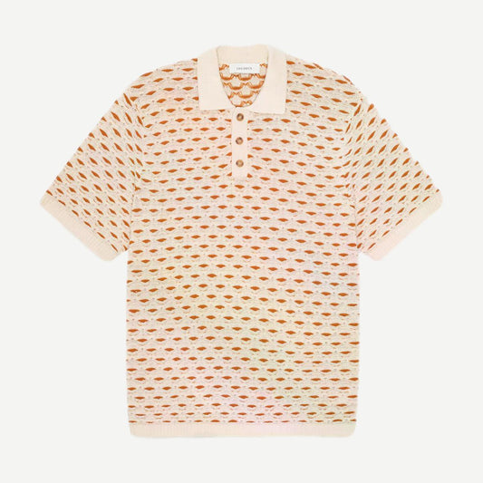 Les Deux Esmay Shell Knitted Polo shirt in Eggnog White, close-up of the soft, textured knit fabric and classic polo collar.