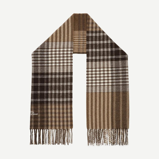 Les Deux Signature Patchwork Check Scarf in mole brown, displaying a patterned woven design