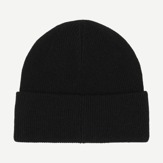 Les Deux Signature Beanie in black, close-up view showing embroidered logo on the front