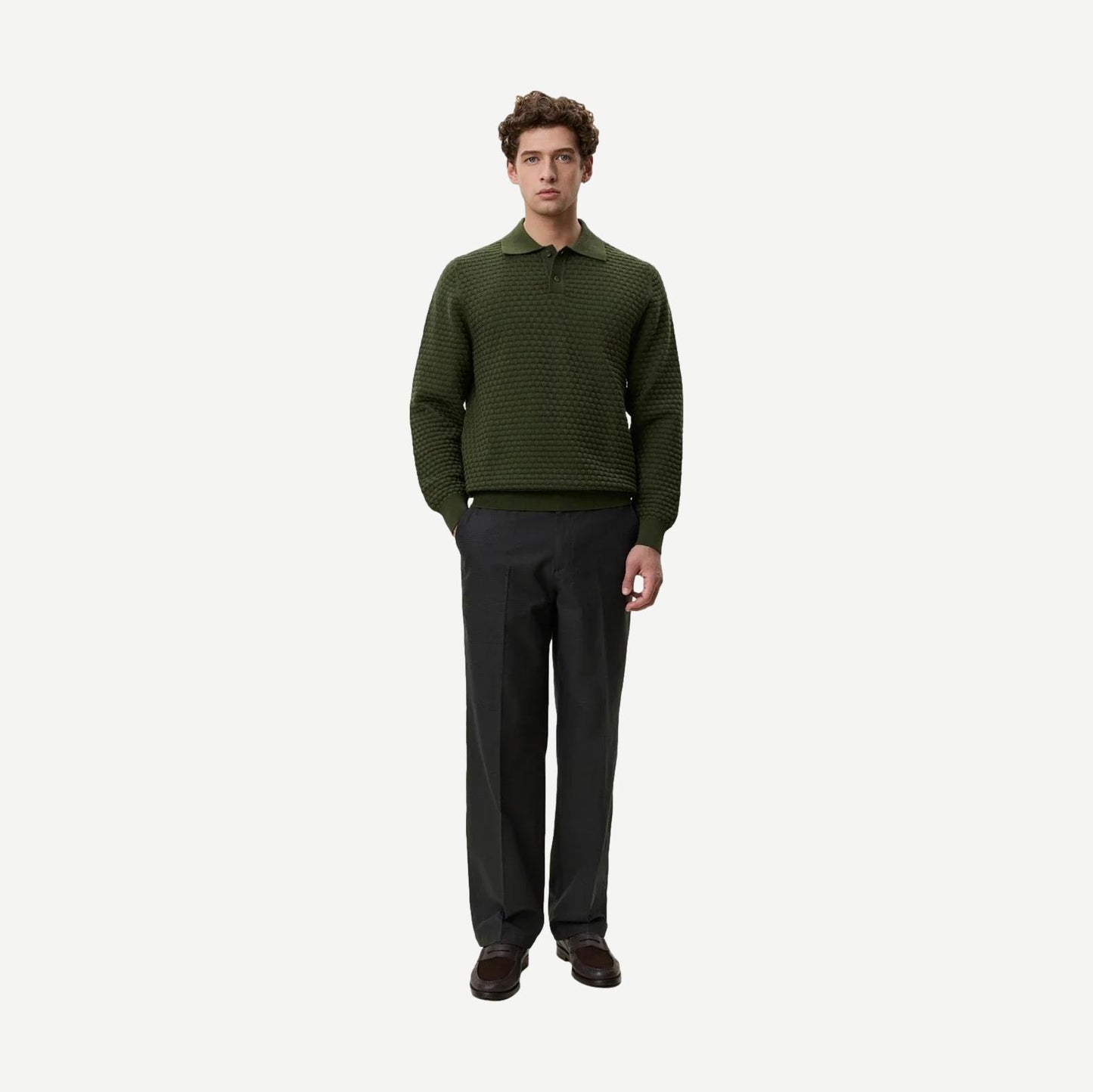 Check Structure Knitted LS Polo - Rifle Green