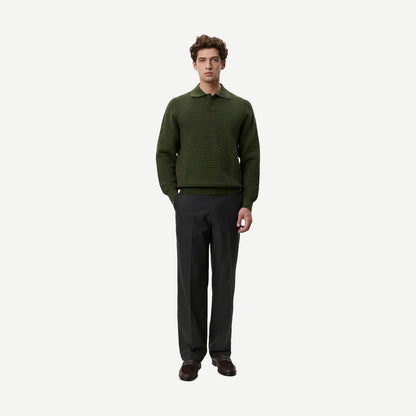 Check Structure Knitted LS Polo - Rifle Green