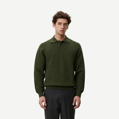 Check Structure Knitted LS Polo - Rifle Green