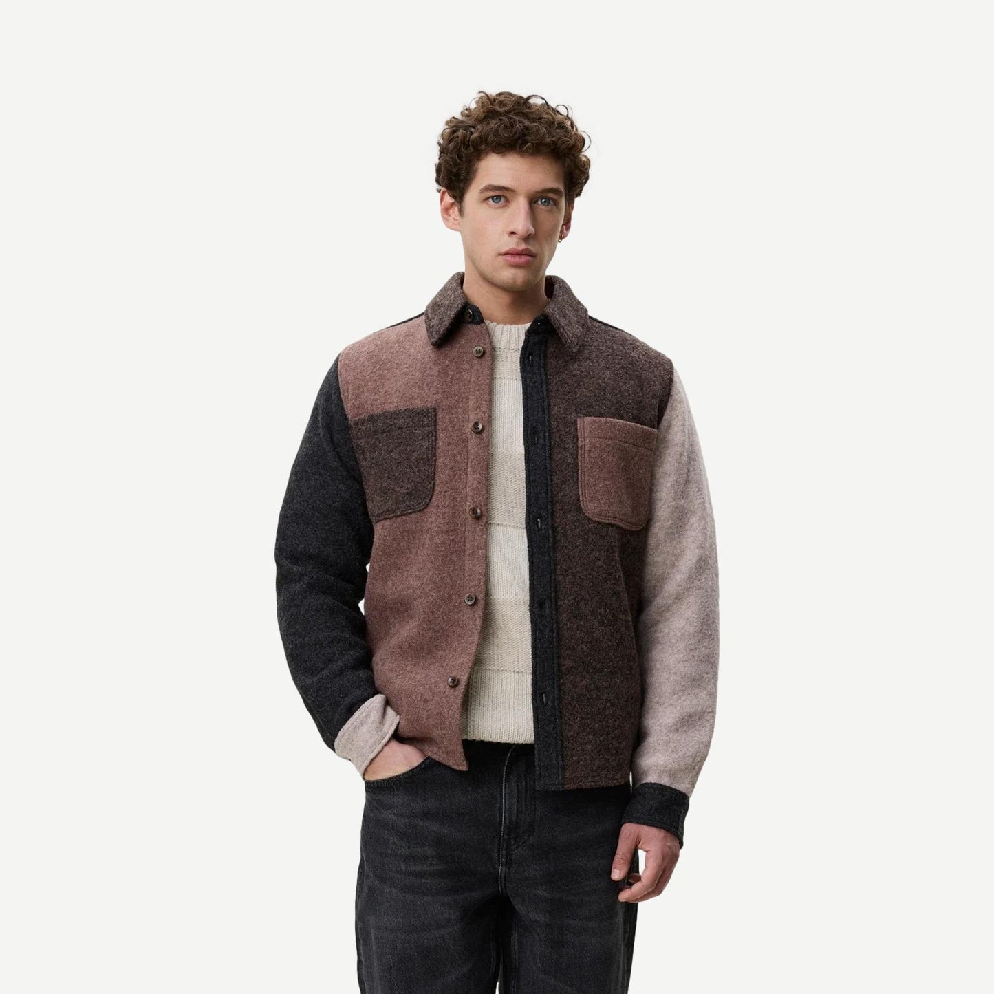 Wool Colourblock Overshirt - Mole Brown